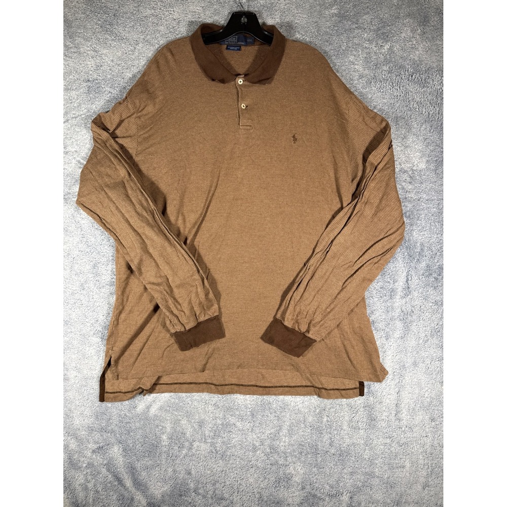 Polo Ralph Lauren XXL Brown Houndstooth Long Sleeve Pima Cotton Polo Shirt 9314